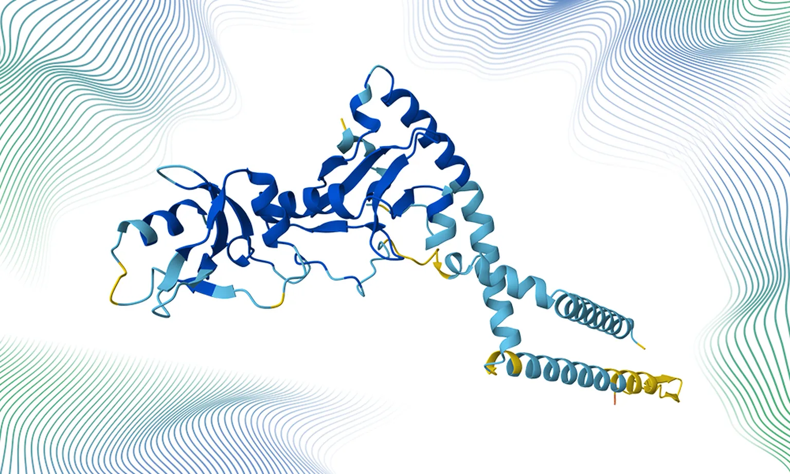 Computer-rendered protein structure in blue and teal against flowing lines, illustrating an AlphaFold viral protein model
