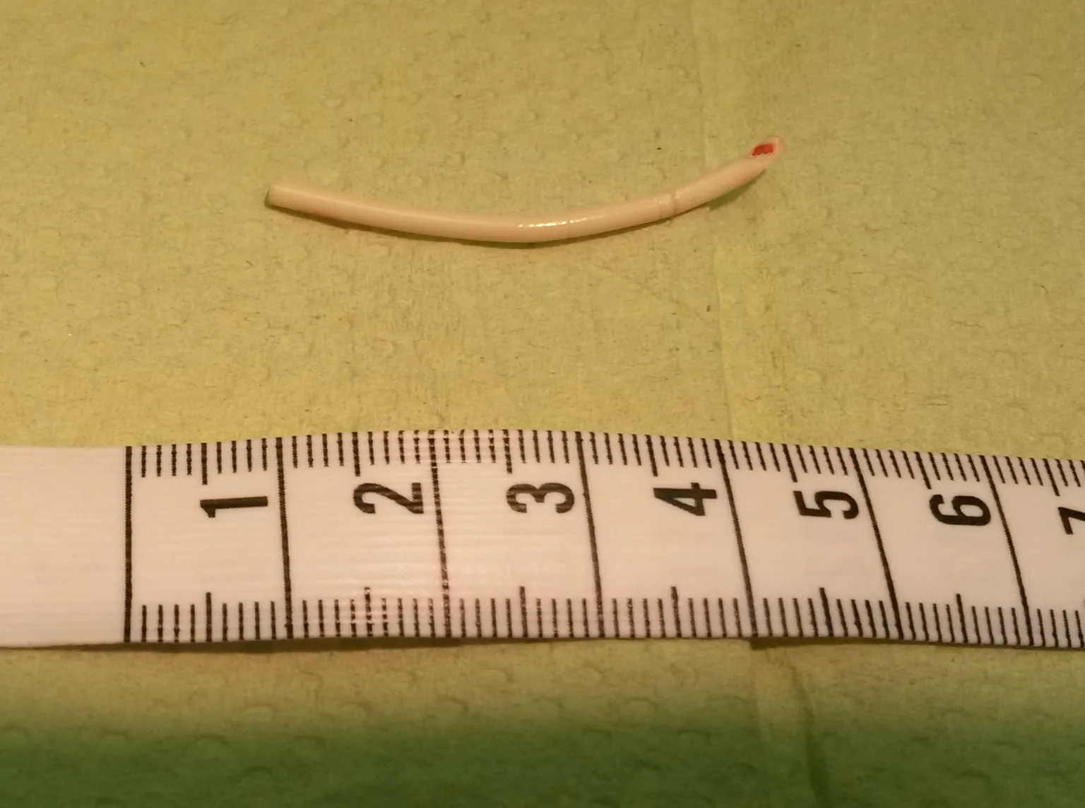 A contraceptive implant beside a ruler, showing its small size