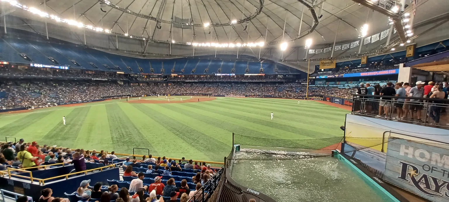 Tropicana Field’s playing field and Rays touch tank during a game in July 2024.