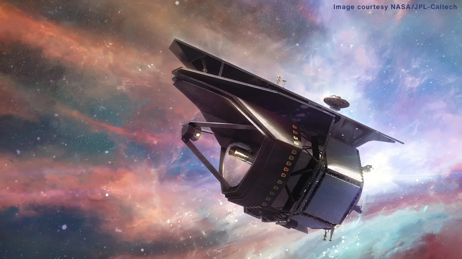 Artist’s concept of the PRIMA far-infrared space telescope against a colorful nebula