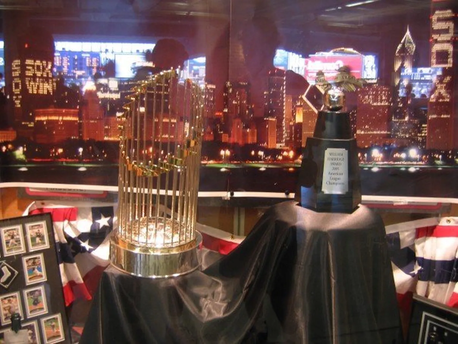 The Chicago White Sox's 2005 World Series trophy displayed beside MLB's championship trophy at U.S. Cellular Field in 2006.
