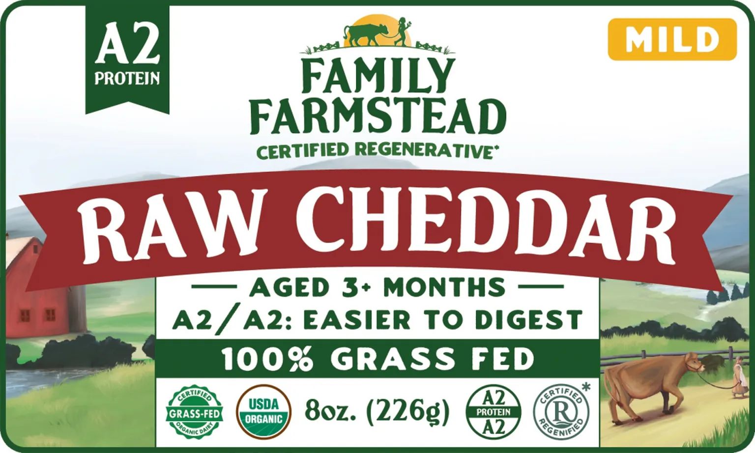 Family Farmstead Dairy label for mild raw cheddar, with a farm illustration and green, red and white branding.