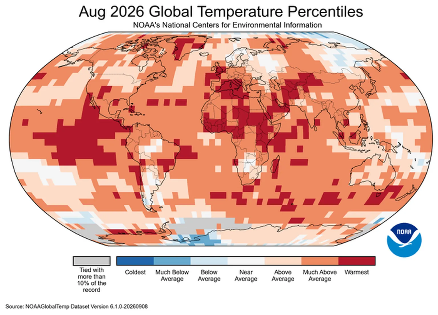 Map showing global temperature percentiles for August 2026, with most regions shaded above average and the warmest areas in dark red.